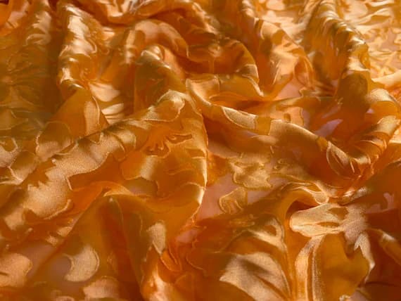 orange charmeuse fabric - 1/2 yard increments Burnout Devore Satin - Pumpkin Orange Dyed Floral Fabric
