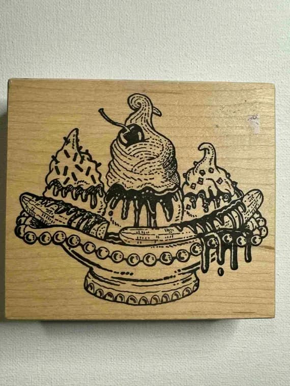 cream none - 4"x4.5" Ice Cream Sunday Wood Mounted Rubber stamp. By: Stamp Barbara