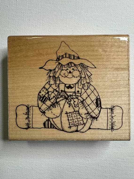 none - 3"x3.5 Pumpkin Patch Fun/ Scare Crow Wood Mounted Rubber stamp. Item# Q157 By: D.O.T.S