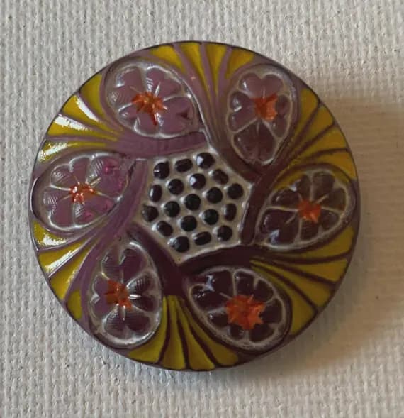none - Hand Painted Multicolor Flower Vintage Czech Glass Button 1-1/4" Purple Yellow