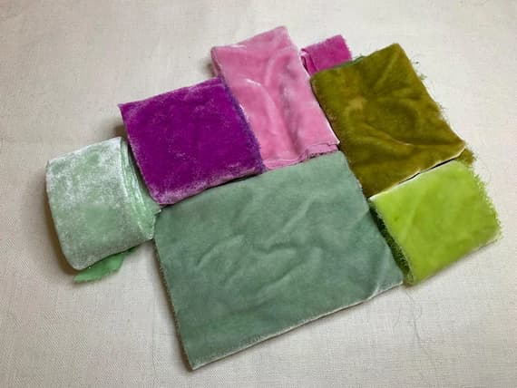 sage none - Hand Dyed Silk Velvet Fabric & Ribbon Remnant Lot Scrap Bag #7 Raspberry Pink and Sage Green