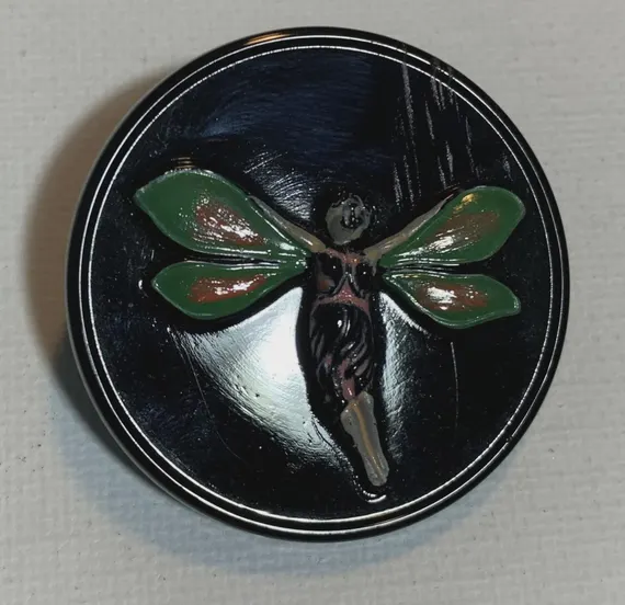 green none - Hand Painted Vintage Czech Glass Button 1-7/16" Green Fairy Lady