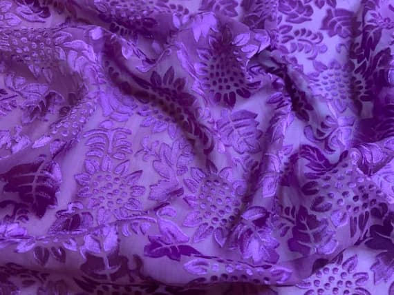 purple charmeuse fabric - Hand Dyed Purple Sunflowers - Burnout Devore Satin Fabric