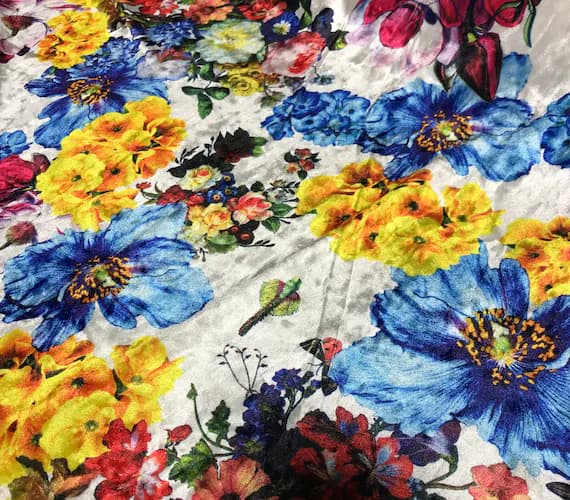 white velvet fabric - White; Blue; Yellow & Pink Multi Floral - Stretch Polyester Velvet Fabric