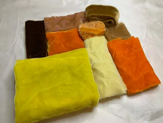 yellow none - Hand Dyed Silk Velvet Fabric & Ribbon Remnant Lot Scrap Bag #38 Orange and Yellow