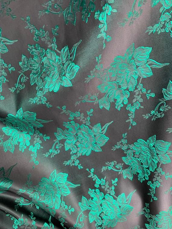 emerald brocade fabric - Black & Emerald Green Roses Floral - Faux Silk Brocade Jacquard Fabric