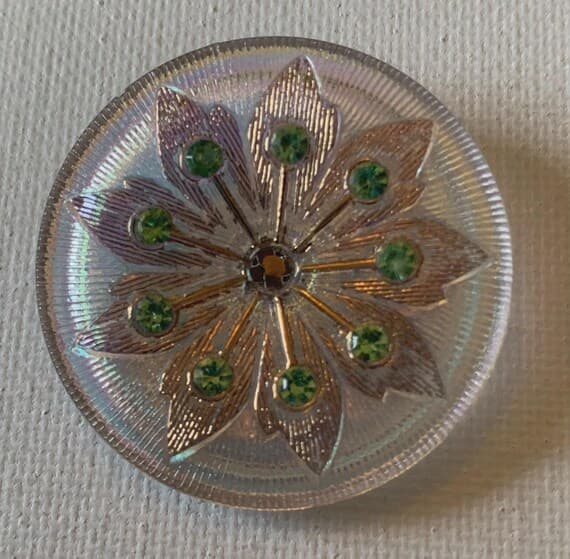 green none - Flower Iridescent Green Stones Mirror Back Vintage Czech Glass Button 1-1/2"