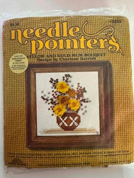 gold none - Needle Pointers. Vintage Yellow and Gold Mum Bouquet Needlepoint Kit Designed by Charlee Gerrish. (Sealed in Package) Vintage