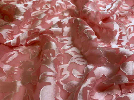 peach charmeuse fabric - 1/2 yard increments Burnout Devore Satin - Salmon Peach Pink Dyed Floral Fabric