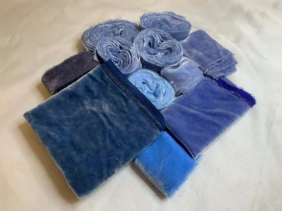 none - Hand Dyed Silk Velvet Fabric & Ribbon Remnant Lot Scrap Bag #115 Blues