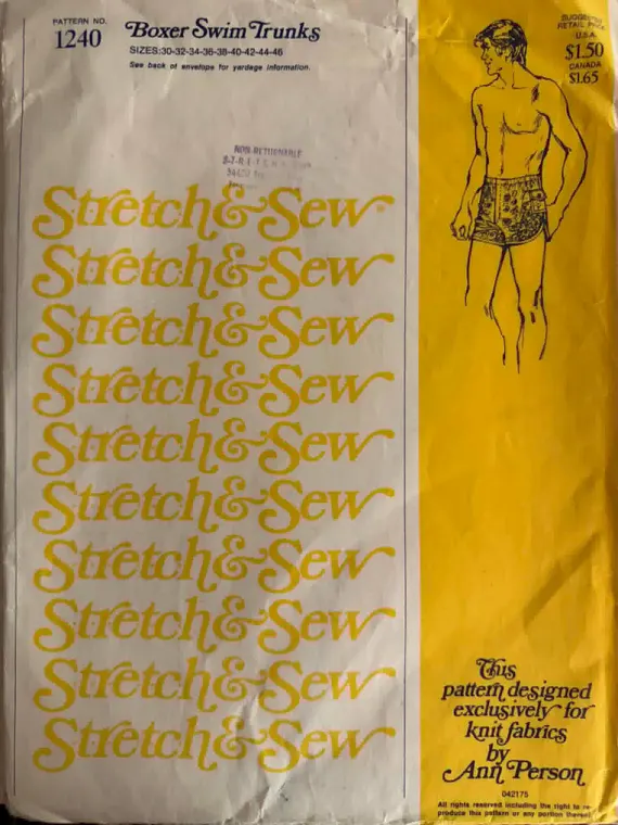none - 1975 Stretch and Sew Boxer Swim Trunks. Pattern # 1240 Size: 30-46