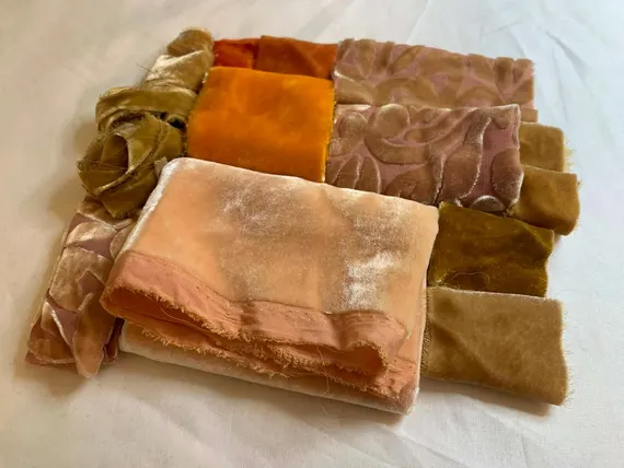 gold none - Hand Dyed Silk Velvet Fabric & Ribbon Remnant Lot Scrap Bag #41 Peach and Gold