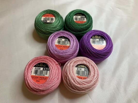 green none - lot of 6 DMC 116 8 Perle Cotton Thread Balls; Size 8 new #134 Pink Purple Green
