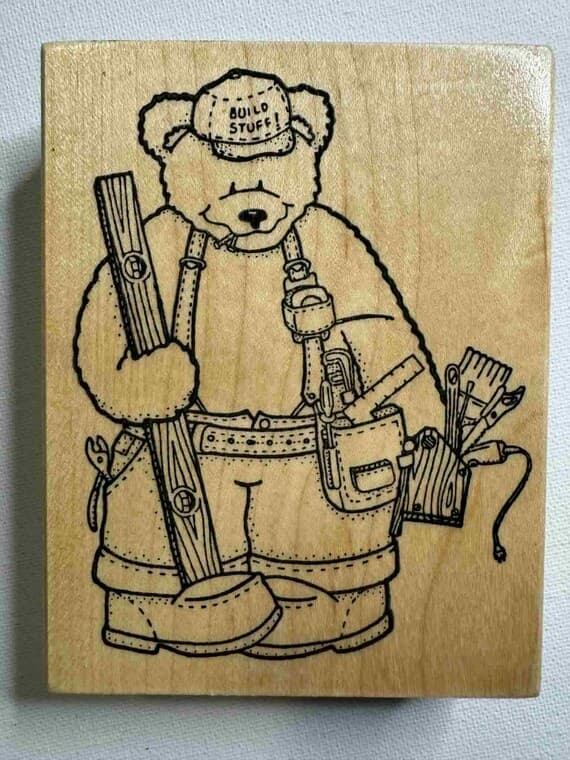 none - 3.5"x4.5" 1994 Handyman Bear Wood Mounted Rubber Stamp. Item# S0816 By: Darcies Country Folk