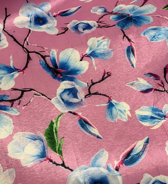 blue velvet fabric - Pink Blue Magnolia Floral - Stretch Polyester Taffeta Fabric