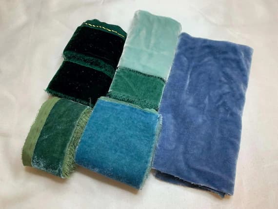 none - Hand Dyed Silk Velvet Fabric & Ribbon Remnant Lot Scrap Bag #90 Blues and Greens