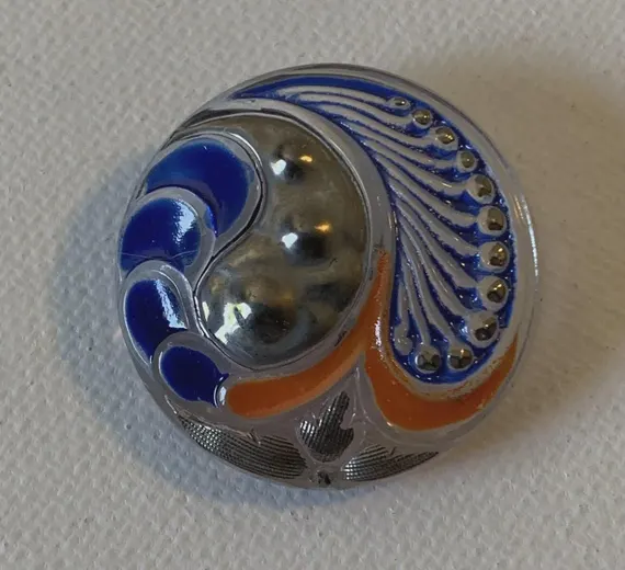 none - Hand Painted Multicolor Paisley Vintage Czech Glass Button 1-1/8" Blue Silver