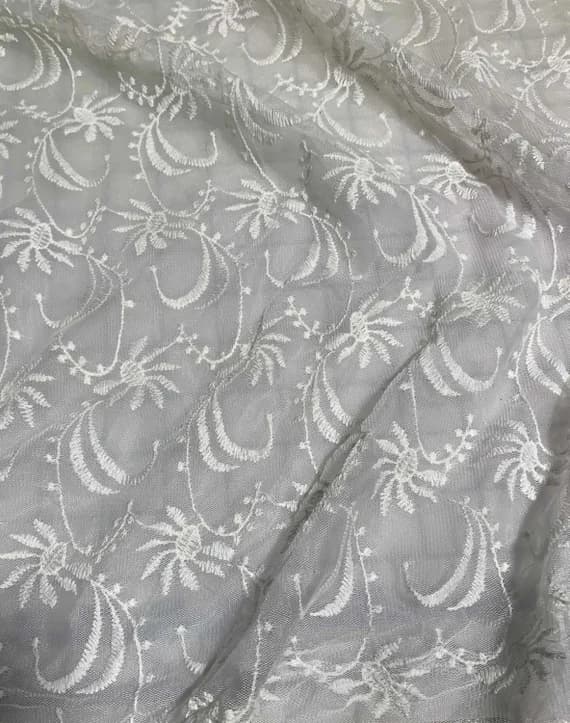 white lace - White Floral Waves Embroidered Tulle Lace Fabric