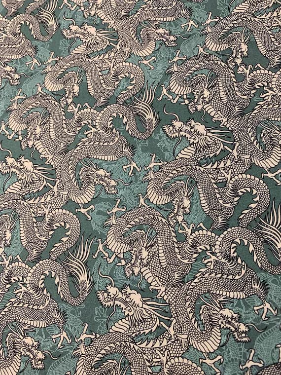 teal cotton fabric - Kimonos & Koi - Japanese Dragons Teal - Paintbrush Studio Cotton Fabric