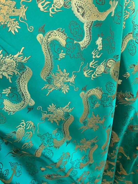 emerald brocade fabric - Emerald Green with Big Gold Dragons - Faux Silk Brocade Jacquard Fabric