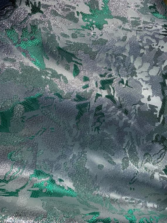 silver brocade fabric - Green & Silver Floral - Faux Silk Brocade Jacquard Fabric