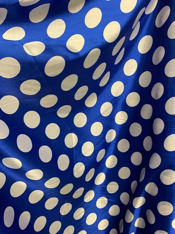 white charmeuse fabric - White on Blue Polka Dots - Faux Silk Charmeuse Satin Fabric