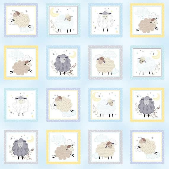 blue cotton fabric - Sweet Dreams Boxes Baby Blue Sheep - Kanvas Studio Cotton Fabric