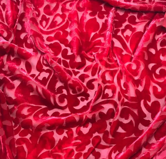 red velvet fabric - CHERRY RED SCROLL - Hand Dyed Burnout Silk Velvet