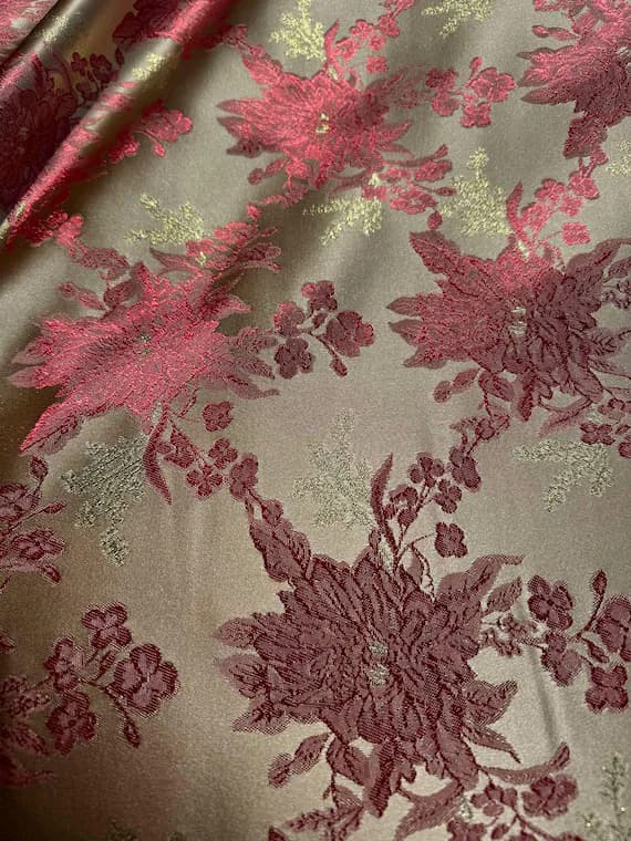 gold brocade fabric - Gold with Red Poinsettia Christmas Floral - Faux Silk Brocade Jacquard Fabric