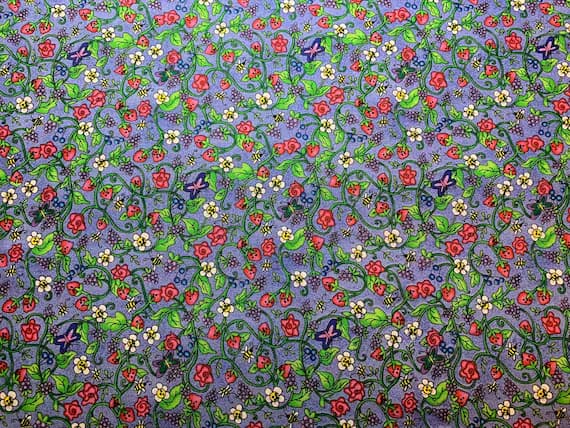 cotton fabric - Strawberry Butterfly Vine Cotton Fabric Vintage 90's OOP by SSI