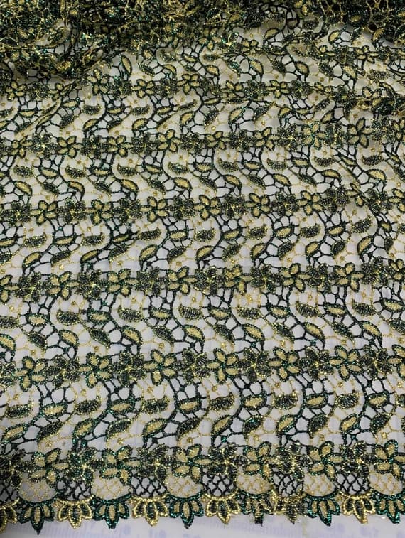 gold lace - Green & Gold Flowers and Leaves - Schiffli Lace Fabric