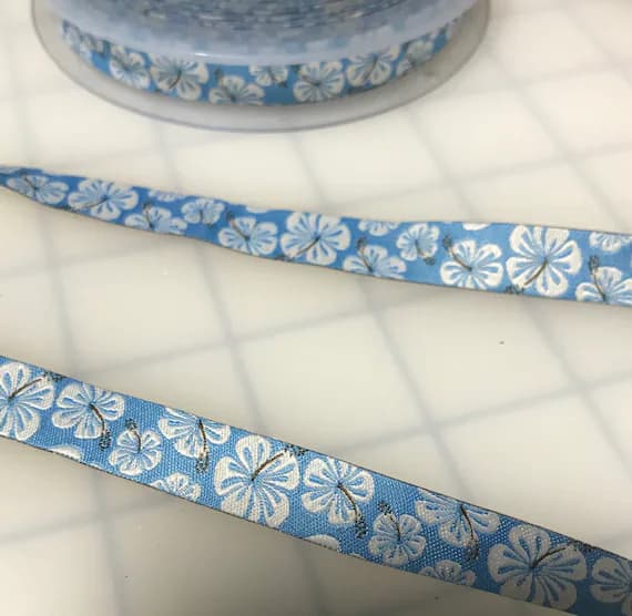 blue none - Blue Hibiscus Floral Jacquard Ribbon Trim 1/2"