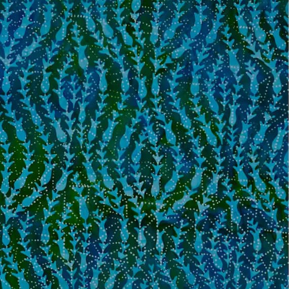 green cotton fabric - Blue Green Vines Dots Glass Glow 3 - Batik by Mirah Cotton Fabric