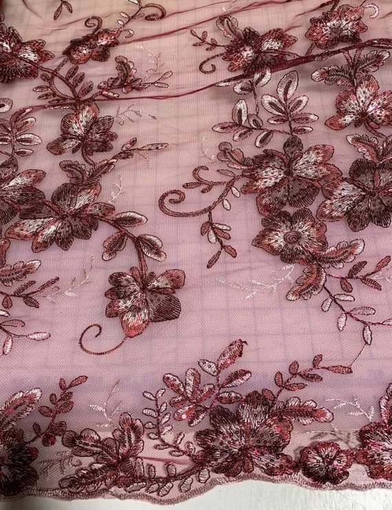 burgundy lace - Burgundy Floral Sequin Embroidered Tulle Lace Fabric