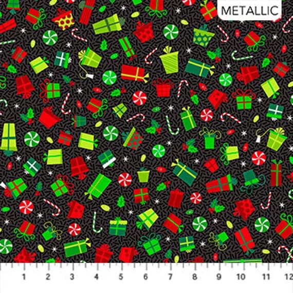 black cotton fabric - Packages on Black - Christmas Magic by Patrick Lose for Northcott Cotton Fabric