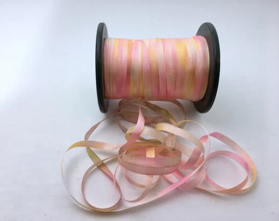 pink none - Hand Dyed Pink & Yellow Sunrise #18 Pure Silk Embroidery Ribbon 4mm 1/8" wide Japan -3 yards-