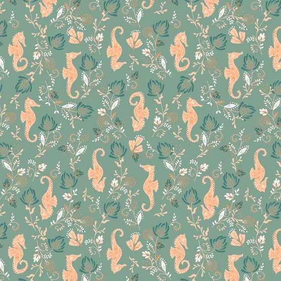 sage cotton fabric - Beachside Pretty Seahorse Sage Green - Camelot Cotton Fabric