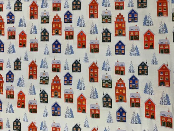 blue cotton fabric - Tomten's Village Snow Winter Houses on Blue - Lewis & Irene Cotton Fabric