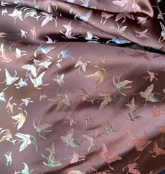 brown brocade fabric - Chocolate Brown with Butterflies - Faux Silk Brocade Jacquard Fabric