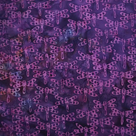 purple cotton fabric - Gondiya Purple Dragonflies - Metamorphosis - Batik by Mirah Cotton Fabric