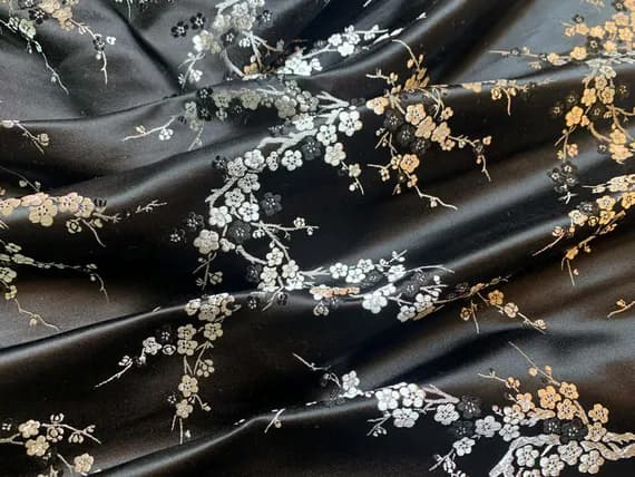 silver brocade fabric - Black & Silver Cherry Blossom Dogwood Floral - Silk Brocade Fabric
