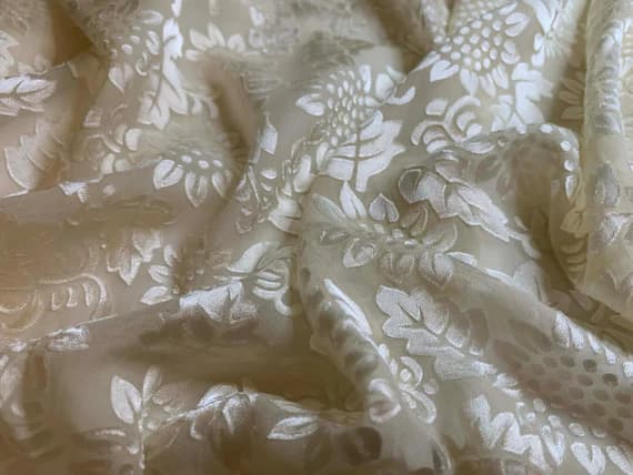 charmeuse fabric - Hand Dyed Ecru Sunflowers - Burnout Devore Satin Fabric