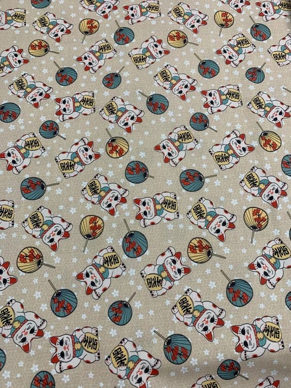 beige cotton fabric - Kimonos & Koi - Lucky Cat Beige - Paintbrush Studio Cotton Fabric