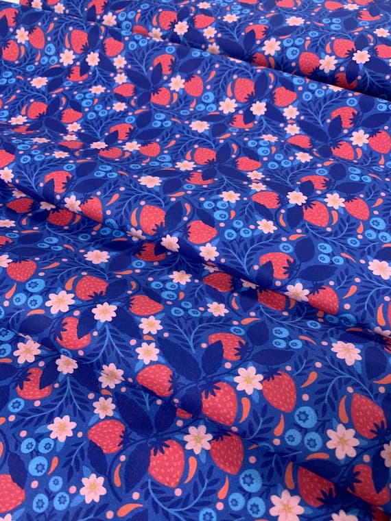 blue cotton fabric - Sweet Berries Blue - Berries & Blossoms - Paintbrush Studio Cotton Fabric