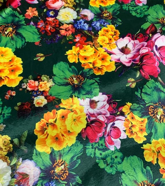 green velvet fabric - Green Yellow Pink Multi Floral - Stretch Polyester Taffeta Fabric