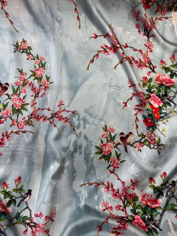 blue twill fabric - Cherry Blossoms & Birds on Sky Blue Printed 100% Silk Twill Fabric