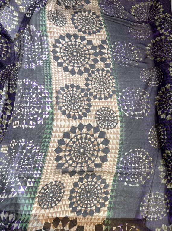 beige chiffon fabric - Purple Beige & Green Pixelated Geometric - Crinkle Silk Chiffon Fabric