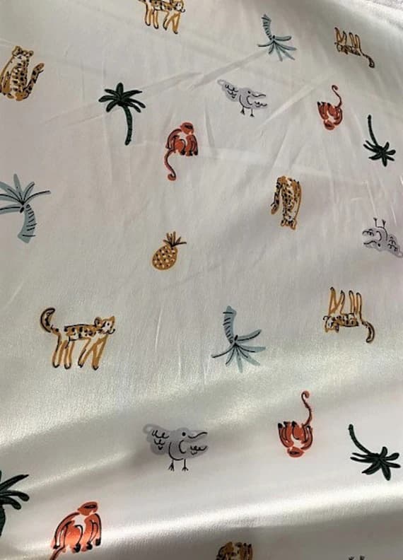 white charmeuse fabric - Animals & Plants on White - Faux Silk Charmeuse Satin Fabric