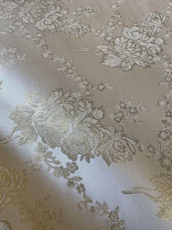 ivory brocade fabric - Ivory & Pale Gold Roses Floral - Faux Silk Brocade Jacquard Fabric