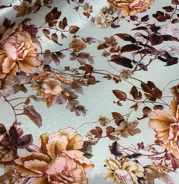 peach velvet fabric - Gray Peach Peony Floral - Stretch Polyester Taffeta Fabric